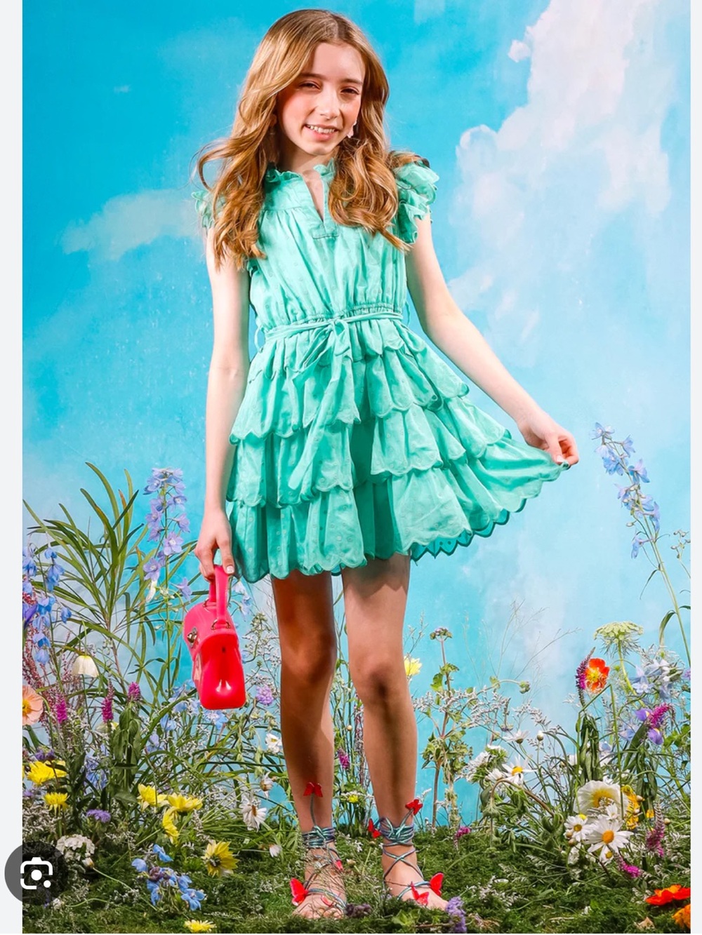NWT MARLO Sz 13-14 Teal Embroidered Ruffle Polka Dot Winnie Dress Orig $200